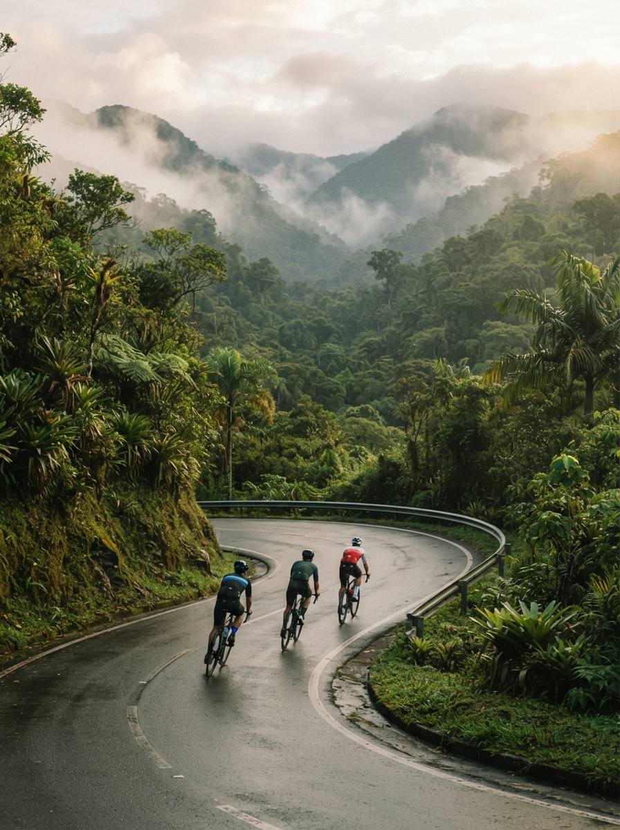 Ciclistas pedalando em estrada de montanha cercada de mata
