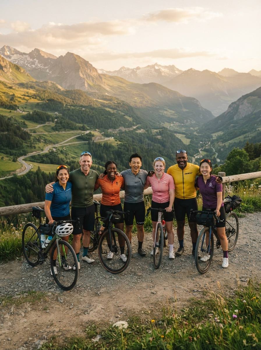 Grupo de ciclistas sorrindo com as bikes diante da paisagem