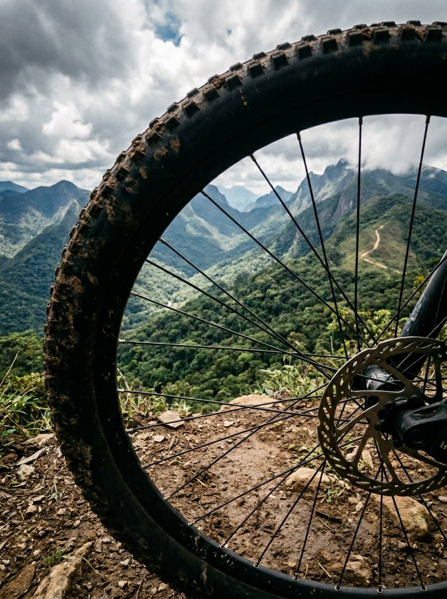 Trilha na Mata Atlântica vista do primeiro plano da bike