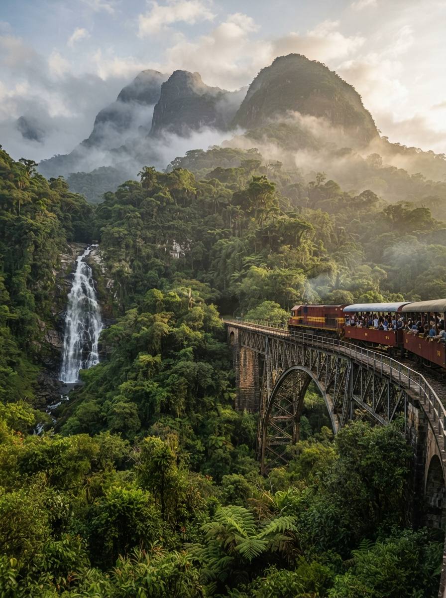 Trem histórico cruzando viaduto em Paranapiacaba